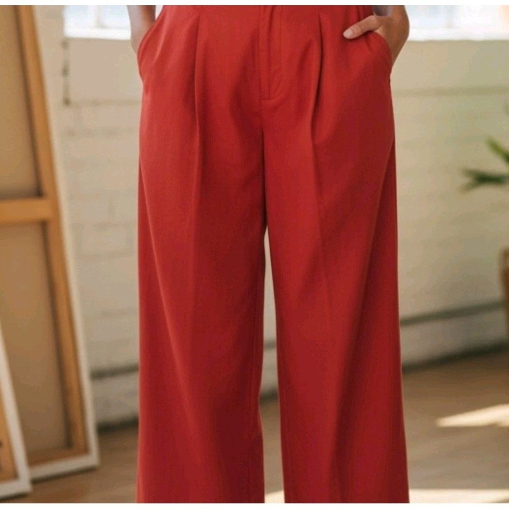 Camila Coelho XL NWT Pleated‎ Poplin Wide Leg Crop Pants Red Lightweight Solid